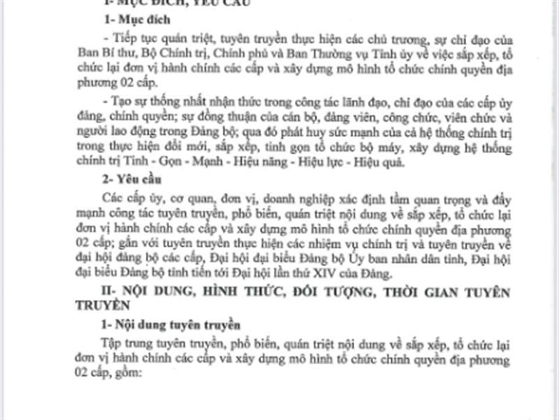 Hướng dẫn tuyên truyền, phổ biến, quán triệt việc sắp xếp, tổ chức lại đơn vị hành chính các cấp và xây dựng mô hình tổ chức chính quyền địa phương 2 cấp 